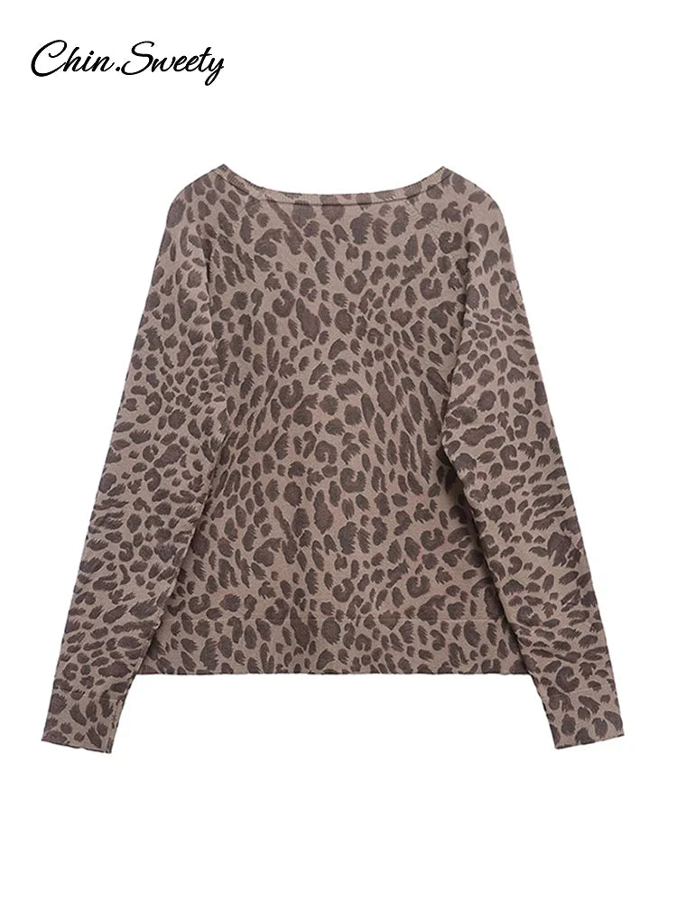 Leopard Knit Pullover Loose Round Neck Long Sleeves Sweater Tops Spring Summer Lady Y2k