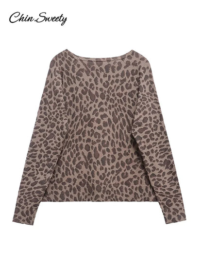 Leopard Knit Pullover Loose Round Neck Long Sleeves Sweater Tops Spring Summer Lady Y2k