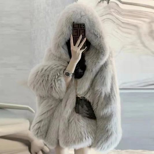 Winter Faux Fur Coat Hooded Loose Long Sleeve Outerwear High Street Fur Jacket Female Overcoats New