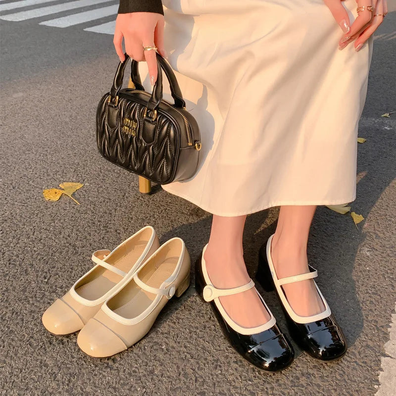 Sweet French Thick Heel Single Shoes New Round Head Light Mouth Patent Leather High Heels