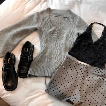 Vneck Gray Allmatch Knitted Pullover Autumn New Bottoming Tops Y2k Slimfit Long Sleeve Sweaters Mujer