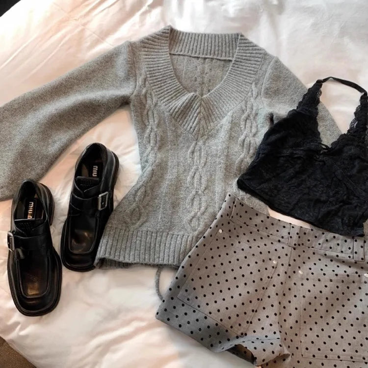 Vneck Gray Allmatch Knitted Pullover Autumn New Bottoming Tops Y2k Slimfit Long Sleeve Sweaters Mujer