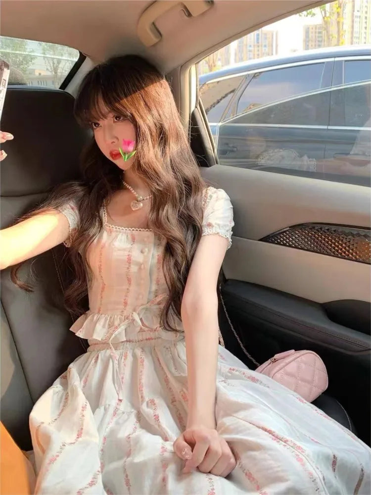 Summer Korean Ruffles Fairy 2 Pieces Set Square Collar Princess Kawaii Print Blouse+high Waist Skirts Suits