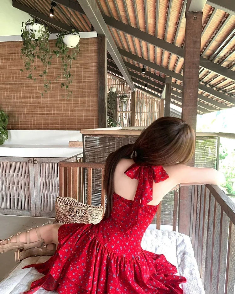 Woman Dresses Printed Sleeveless Halter Irregular Ruffles Bow Bandage Backless Mini Dress Sweet Party