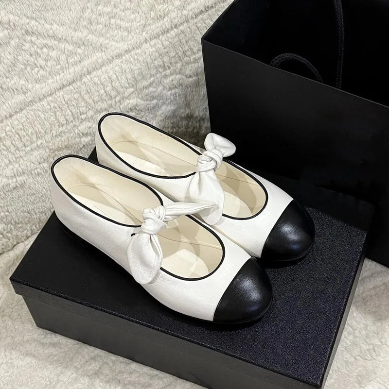 Shallow Mouth Mary Jane Shoes for Bow Flat Single Shoes French Retro Small Leather Shoes