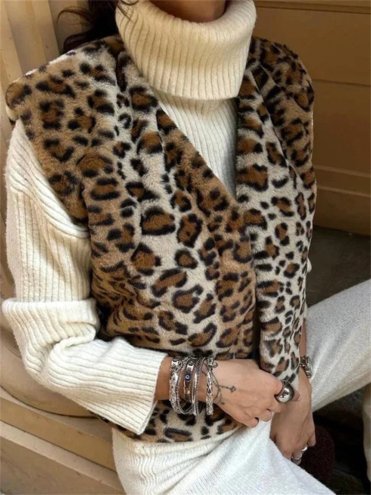 Leopard Printed V-neck Vestidos Coat Female Contrast Printed Cropped Top Loose Autumn Commute Outwear Cardigan