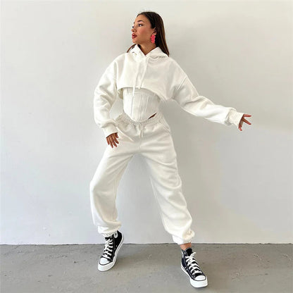 Lace Up Pants Sets Slim Splice Tank Tops Woman Long Sleeve Short Hoodies and Pant Suits Outfits Winter