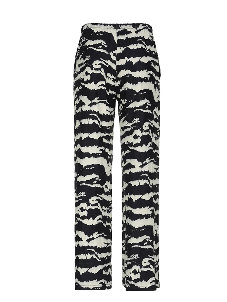 Zebra Stripe Knitted Straight Pants Drawstring Elastic Waist Loose Baggy Trousers Vacation Outfits