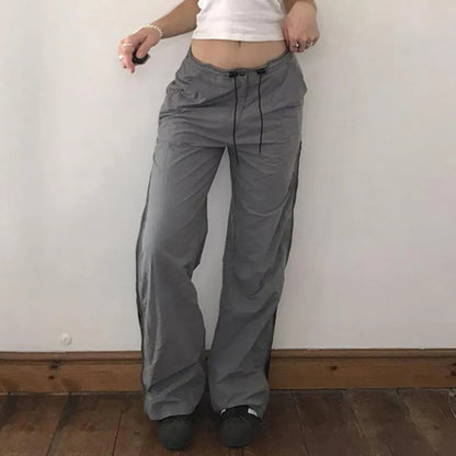 Split Zipper Drawstring Contrast Pants Harajuku Wide Legs Streetpants Autumn High Waist Straight Pants