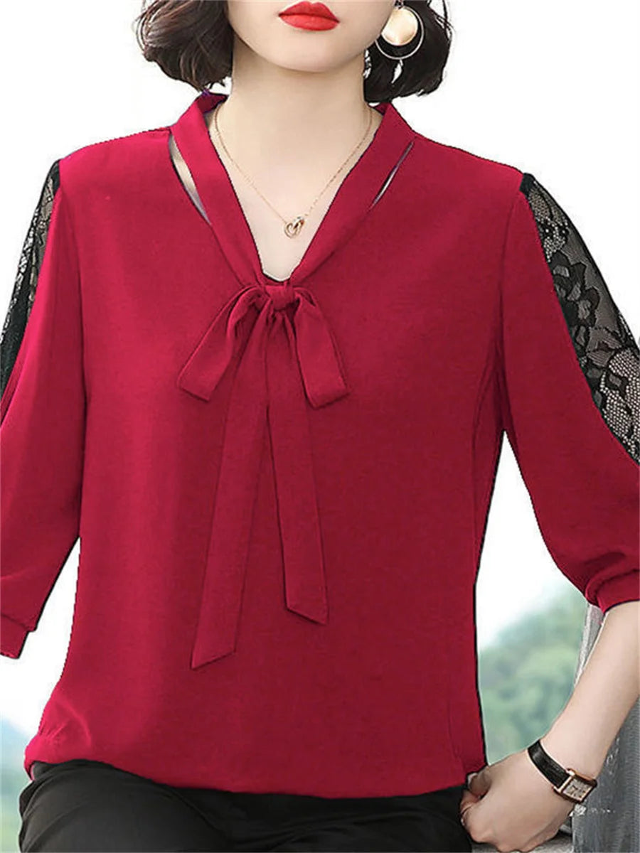 Spring Summer Style Blouses Tops Lady Bow Tie Colloar Half Lace Sleeve Loose Blusas Tops Df4275