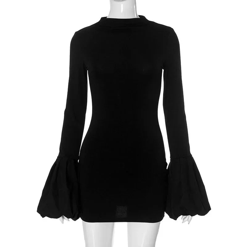 Pull Sleeve Black Mini Dress Female High Waist Long Sleeve Dresses Club Party Bodycon ’s Clothing