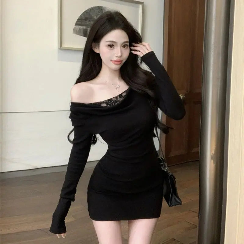 Mini Dresses Lace Patchwork Sweet Slim Long Sleeve Ruched Off Shoulder Spring Party Dress