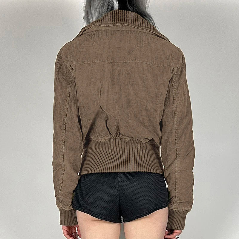 Y2k Corduroy Jacket Autumn 2000s Brown Zip Up Coat Pocket Detail Slim Fit Outerwear