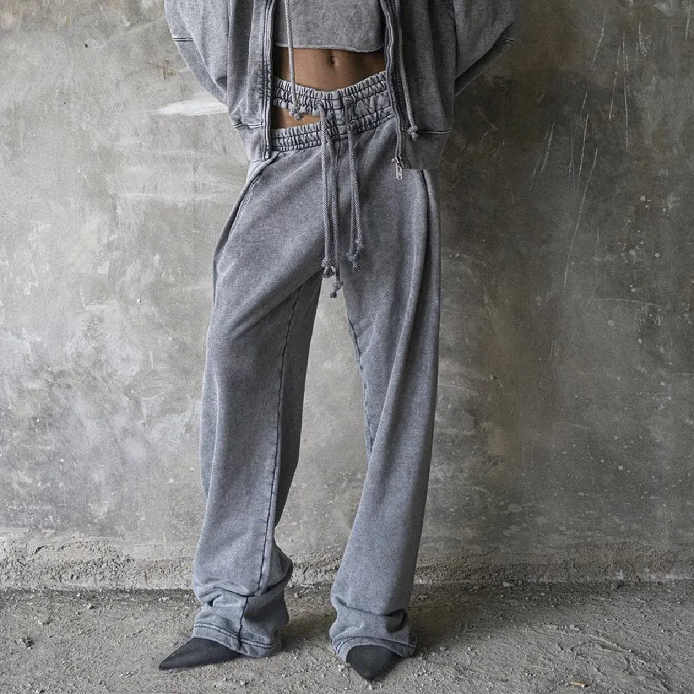 Sweatpants Gray Loose Wide Leg Trousers Hollow Out Female Clothing
