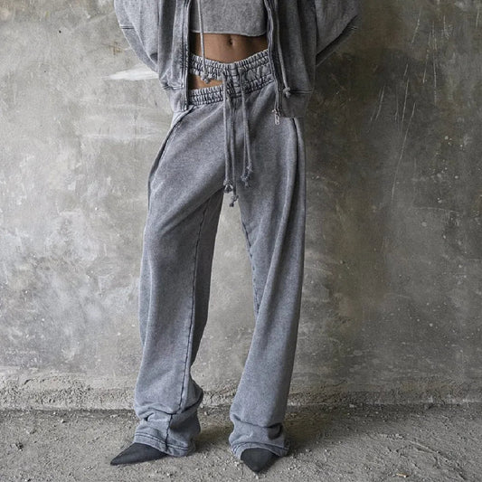 Sweatpants Gray Loose Wide Leg Trousers Hollow Out Female Clothing
