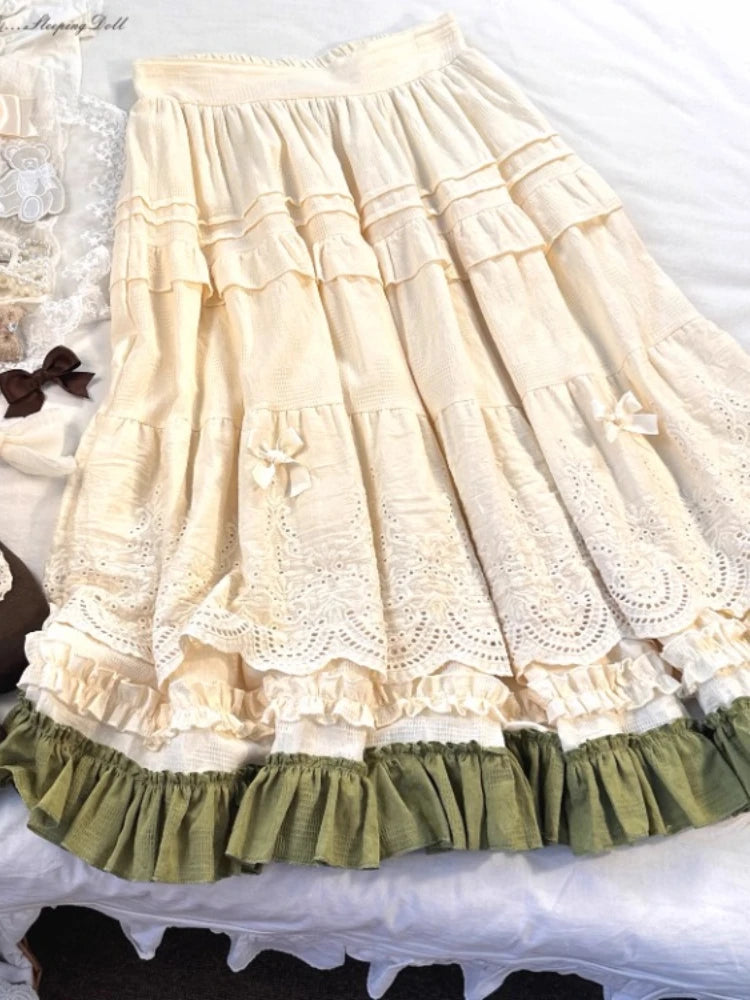 Embroidered Lace Ball Gown Skirts Bow Selvedge Lotus Leaf Skirt Clothing Sweet Age Reduction Kawaii Skirt