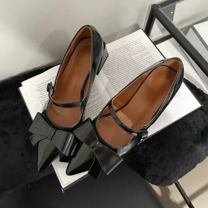Bow Pointed Toe Mary Jane Shoes Chunky Heel Office Shoes Comfy Pumps Female Fashions Retro High Heels