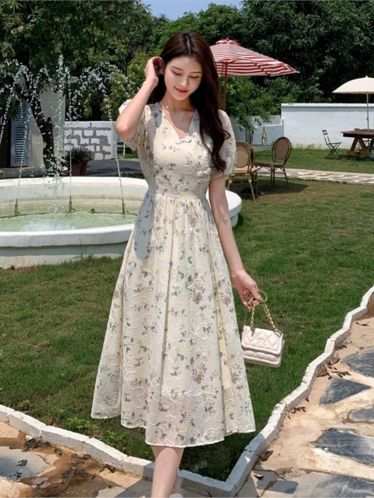 Summer New Chinese Style Midi Dresses for Printed V-neck Puff Sleeve A-line Dress One Piece Vestido
