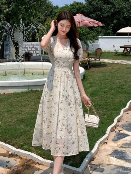 Summer New Chinese Style Midi Dresses for Printed V-neck Puff Sleeve A-line Dress One Piece Vestido