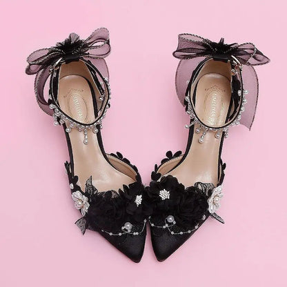 Lolita Brode Shoes New Pearl Rhinestone Pink High Heels for Sweet Flower Knot Bridal Wedding Shoes