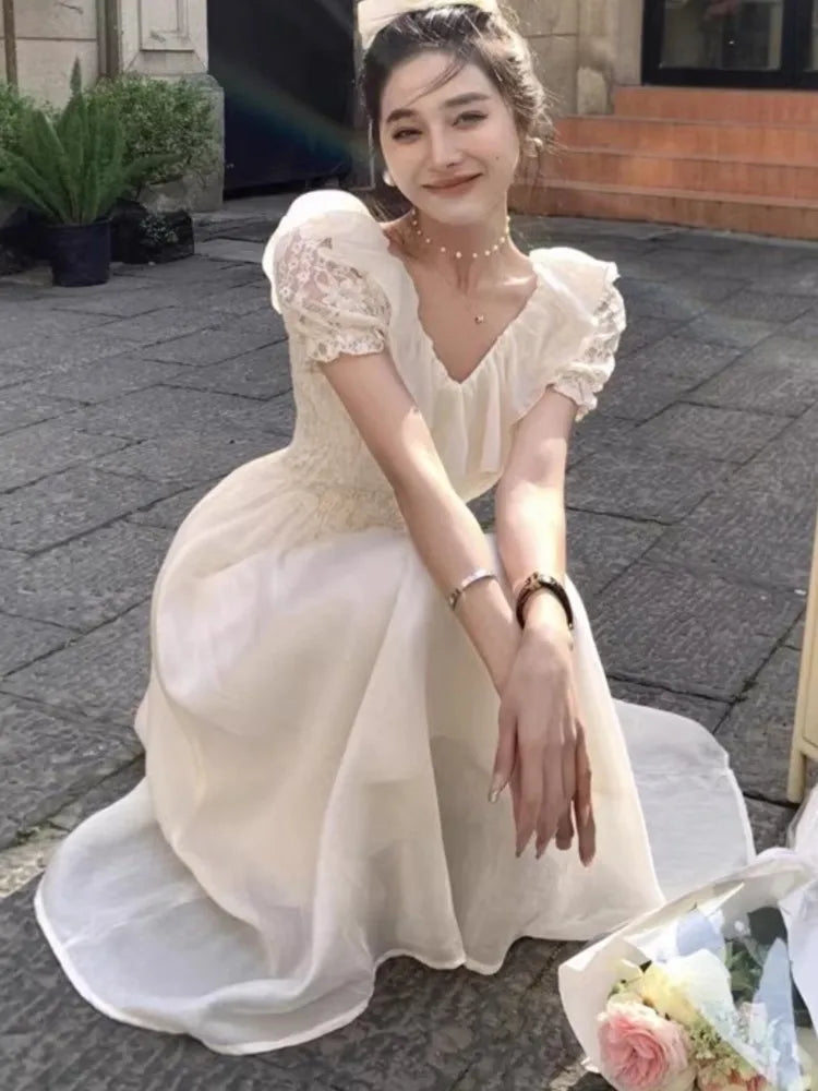New Summer Off Shoulder Midi Dress Lace Patchwork Ruffles Aline Party Dresses Prom Robe Vestido