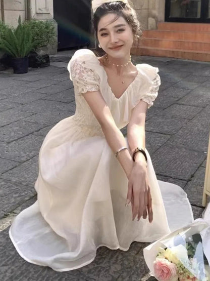 New Summer Off Shoulder Midi Dress Lace Patchwork Ruffles Aline Party Dresses Prom Robe Vestido