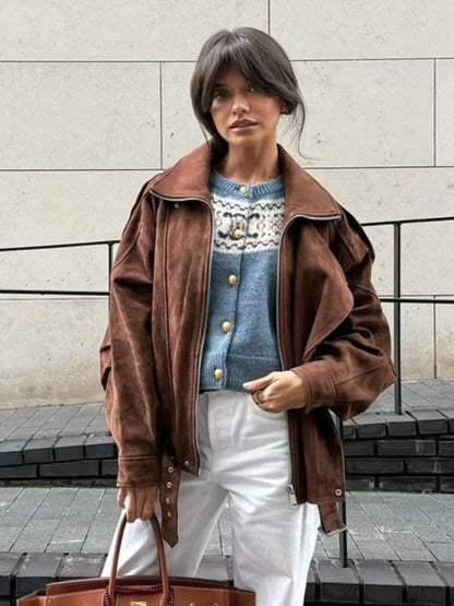 Brown Maillard Lapel Suede Leather Jackets for Long Sleeve Zipper Pockets Coats Lady High