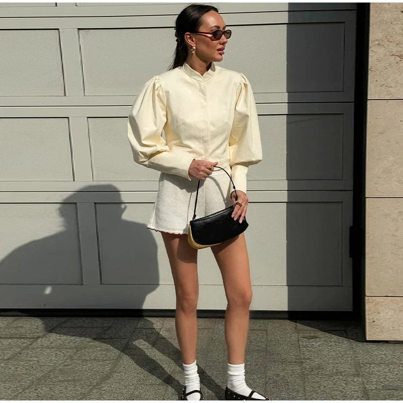 Retro Stand Collar Short Shirt Single Breasted Puffy Sleeve Shirts Coat Lady Versatile