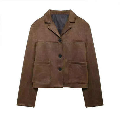 Retro Suede Female Blazer Jacket Lapel Single Breasted Long Sleeve Lady Short Coat Autumn Winter Pockets Lady Outwear
