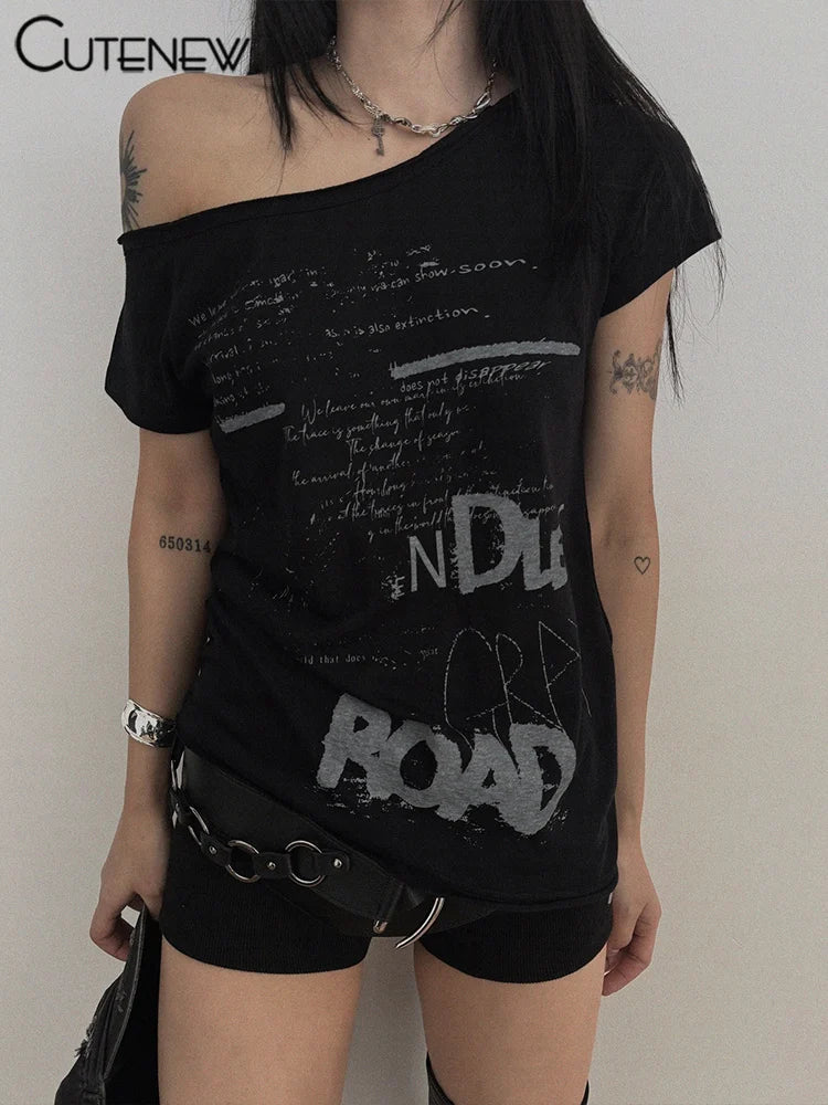 T-shirts Irregular Letter Print Summer Classic Short Sleeve Basic Fit Tees Female Wild Street Matching Top
