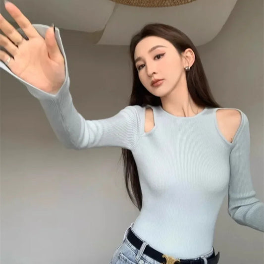 Strapless Hollow Longsleeved Sweater Spring New High Street Oneck Color All Match Knitted Tops