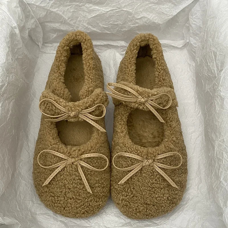 Autumn Winter Ballet Loafer Flat Shoes Female Flats Loafers Fur Round Toe Brand Design Teddy Outdoor Shoes