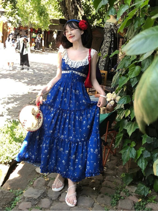 Bule French Lace Party Dress Sweet Backless Midi Dress Summer Korean Sleeveless Dress