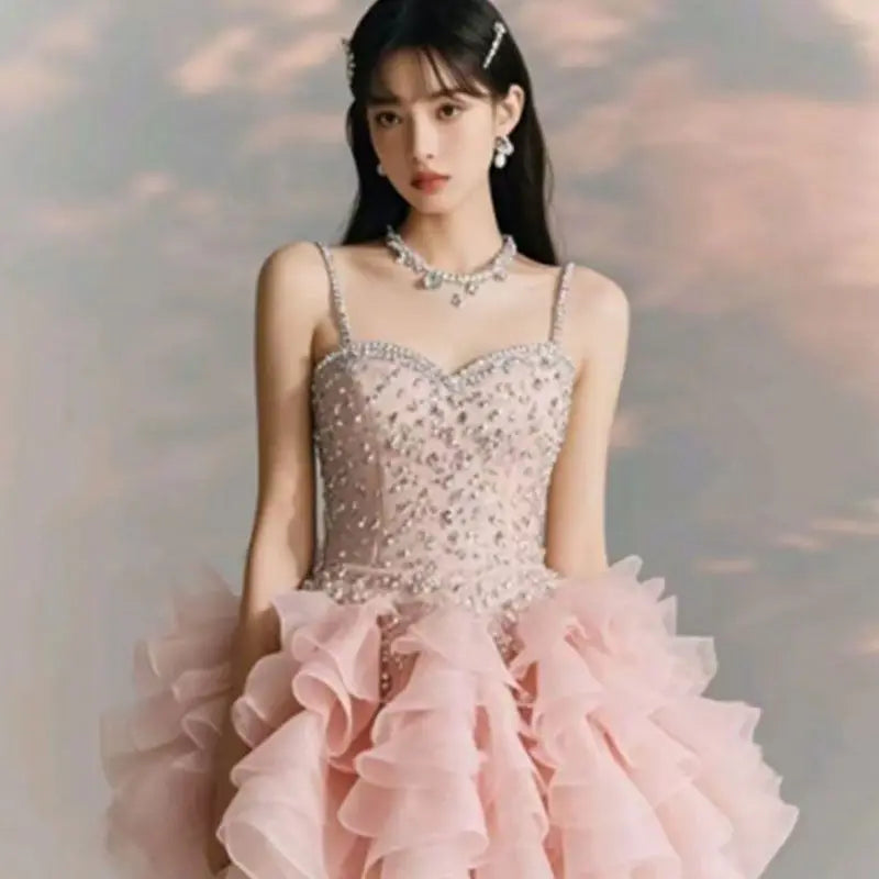 New Sleeveless Birthday Princess Party Dress for Sweet High Waist Slimming Aline Rufffle Puffy Strap Mini Dress for