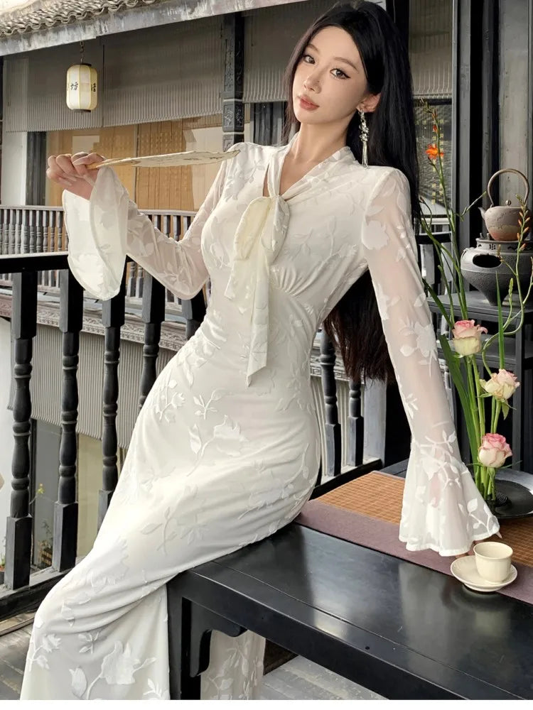 Flare Sleeve Long Dresses for New Autumn Vneck Slim Wedding Runway Party Lace Vestidos Clothing Long Robe