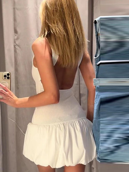 Color Mini Dress for Knitted O Neck Sleeveless Backless Female Skirts Summer New Robe