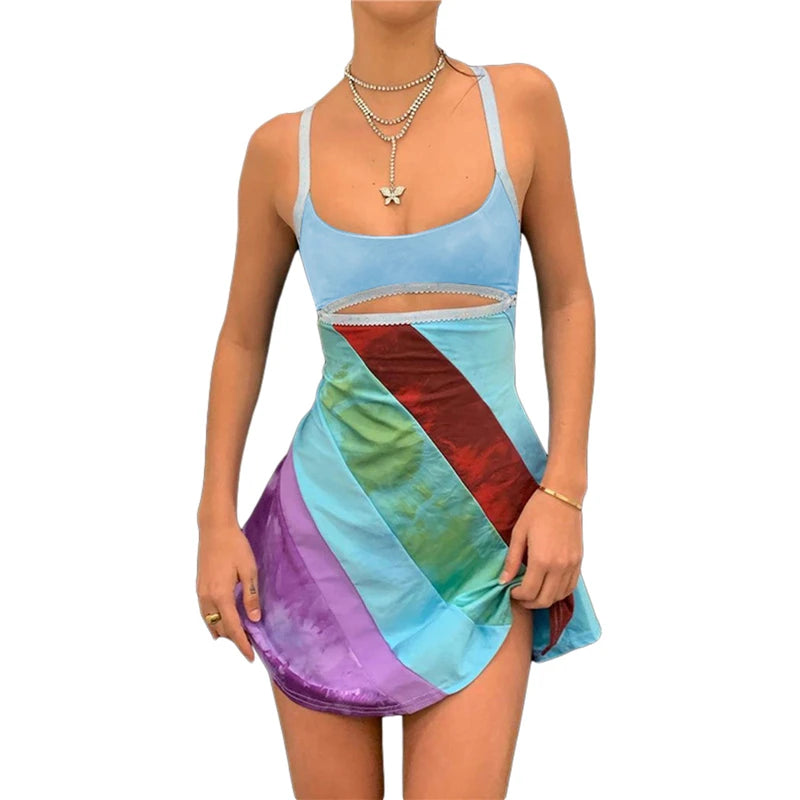Cut Out Dress Y2k Aesthetic Striped Patchwork Sleevless a Line Mini Dresses 2000s Fairy Grunge Dress