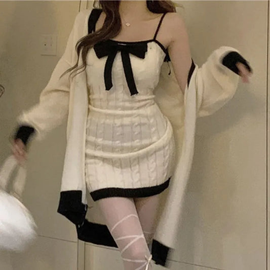 Knitted Two-piece Set Bow Designer Sweet Party Dress Set Female Korean Style Sweater Mini Dress Suit Winter