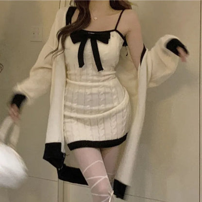Knitted Two-piece Set Bow Designer Sweet Party Dress Set Female Korean Style Sweater Mini Dress Suit Winter
