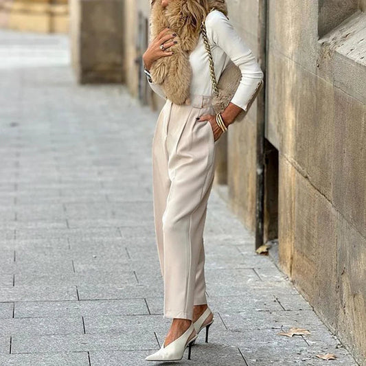 Color Temperament Nine Point Pants High Waist Straight Pants Female Pockets Commute Blazer Trousers