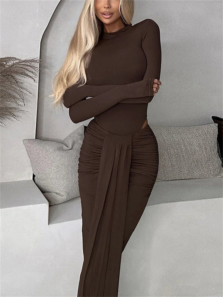 Winter 2 Piece-set Maxi Skirt High Waist Jumpsuit and Pleated Long Skirt Outfits Skinny Outfits