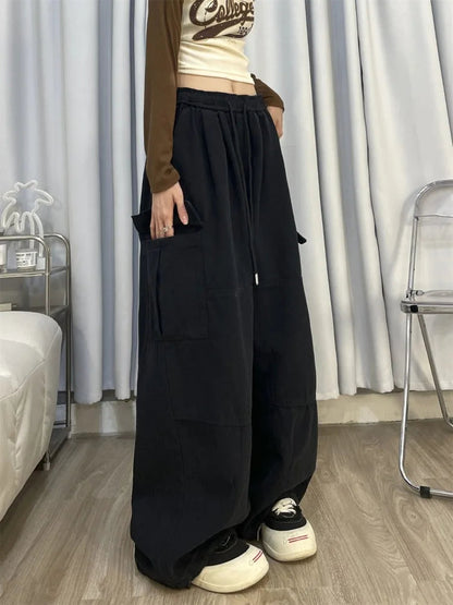Baggy Cargo Pants Y2k Sweatpants Drawstring High Waist Pocket Patchwork Wide Leg Pants Oversize Trousers