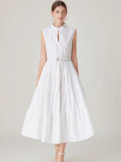Simple Long Dress for Sleeveless Pearls Stand Collar Belt Ruffles Evening Wedding Party Vacation Vestidos