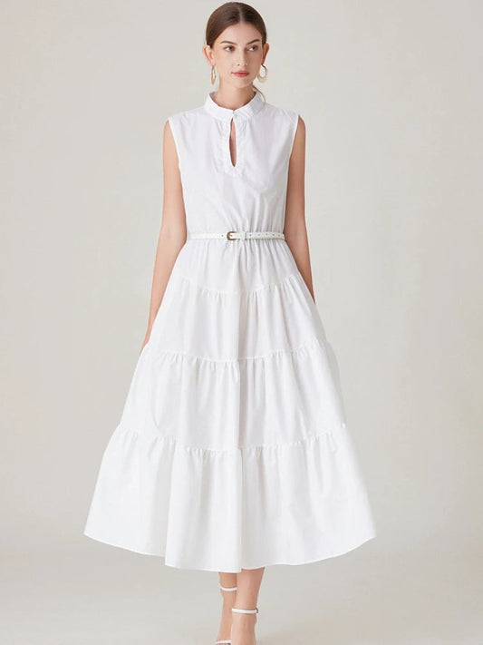 Simple Long Dress for Sleeveless Pearls Stand Collar Belt Ruffles Evening Wedding Party Vacation Vestidos