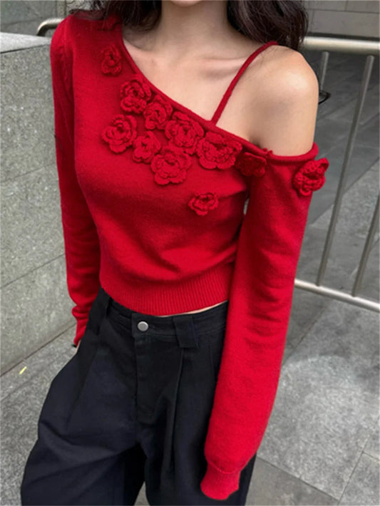 Roses Sweet Sweaters Ol Knitwear Loose Off Shoulders Pullovers All Match Ol Winter Gentle
