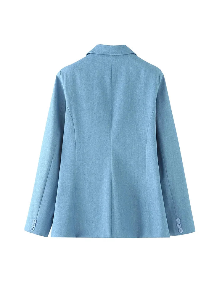 Spring Denim Blazer for Long Sleeves Pockets Lapel Single Button Jacket Female Loose Causal Coat