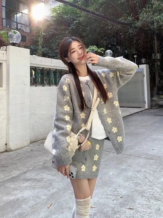 Sweet Hot Girl Knitted Suit Autumn and Winter Oneck Loose Cardigan Wrap Hip Skirt Twopiece Set Female Clothes