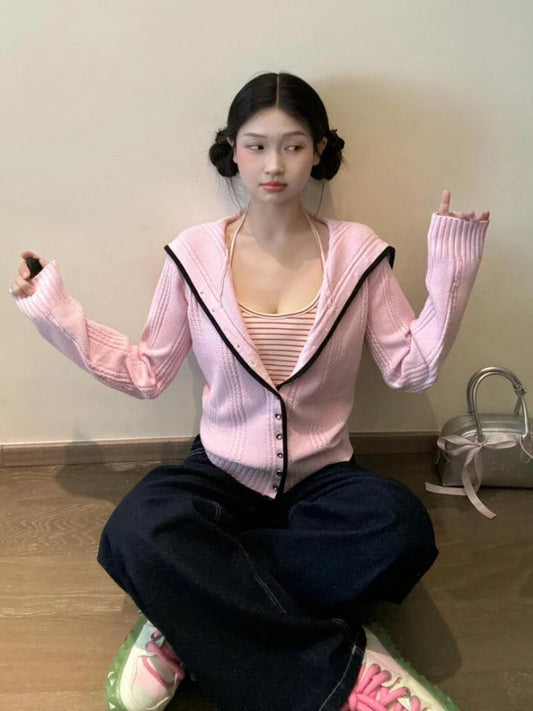 Y2k Pink Knitted Cardigan Sailor Collar Long Sleeve Sweater Korean Preppy Style Autumn Winter Clothes