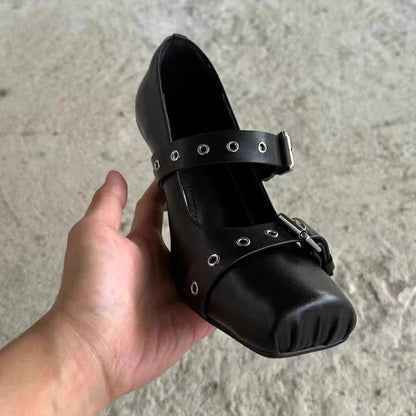 Designer Heeled Ballet Shoes Belt Buckle Chunky Heeled Platform Loafers New Square Toe Mary Jane Shoes