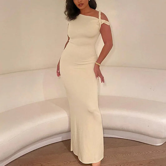 Dresses Summer Color Irregular Slash Neck Short Sleeve Bodycon Long Dress Y2k Evening Party Dresses